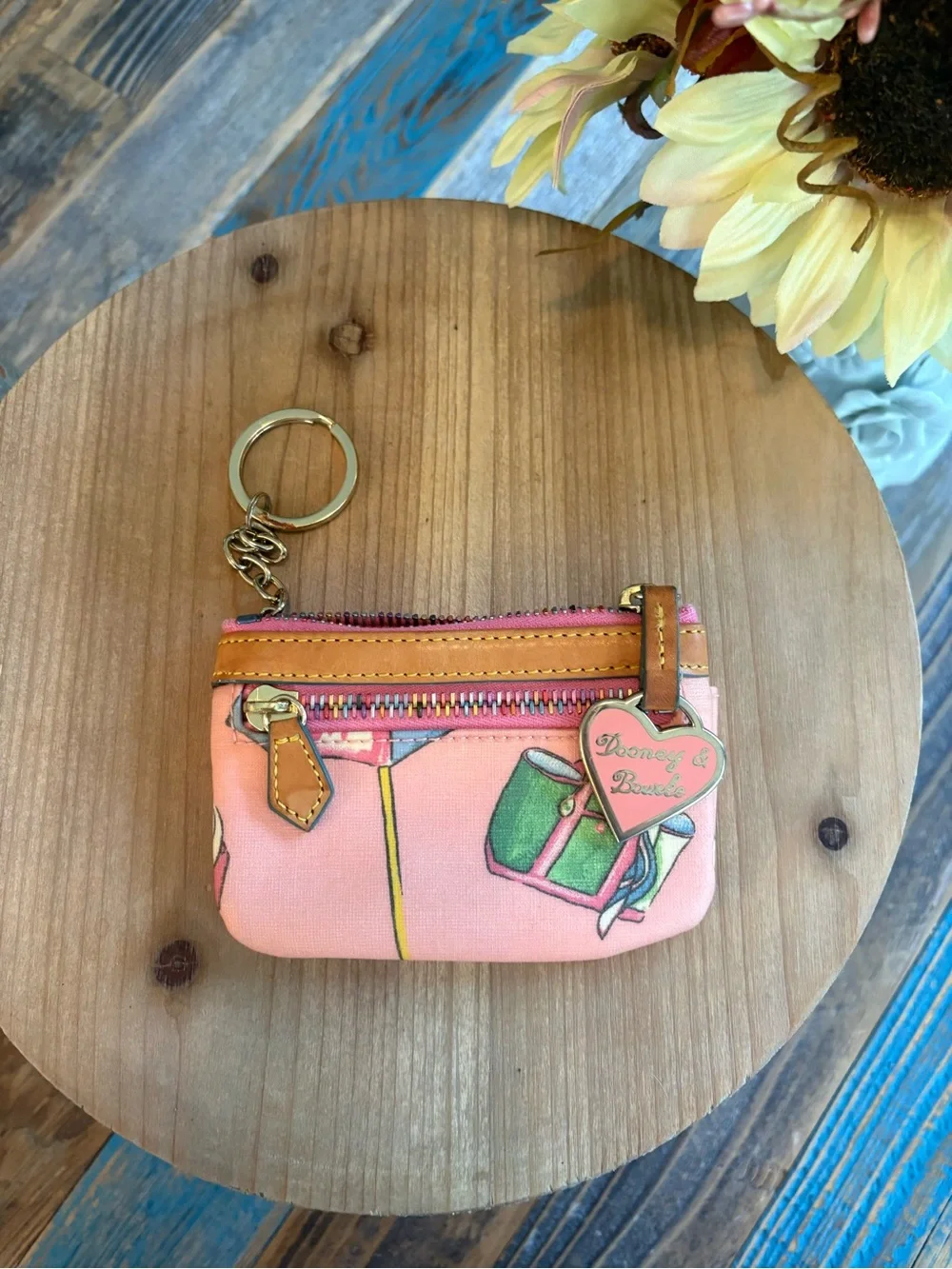 Dooney & Bourke Pink Novelty Coin Purse Keychain Heart Charm Multicolor Zip